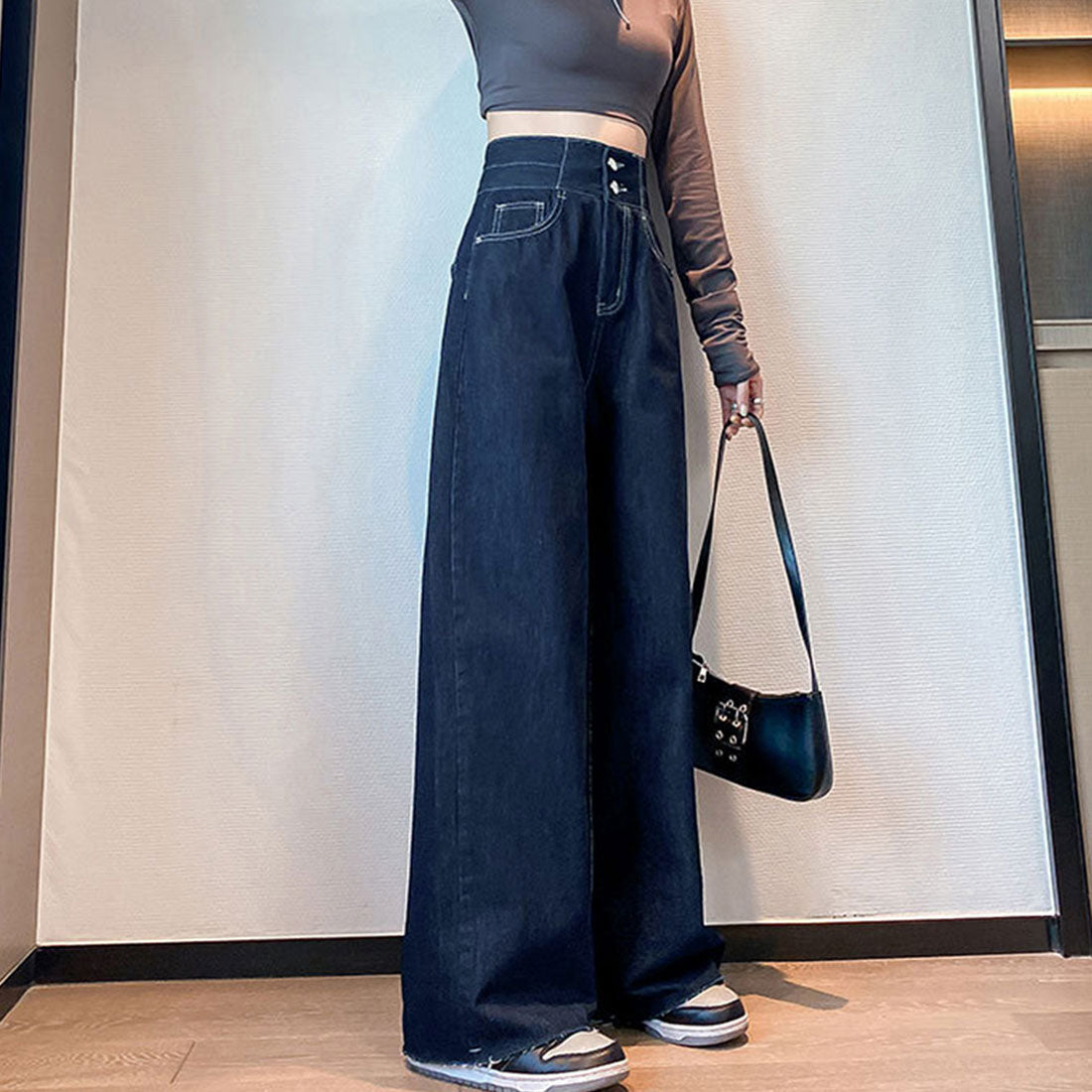 デニム ワイドパンツ ハイウエスト 脚長