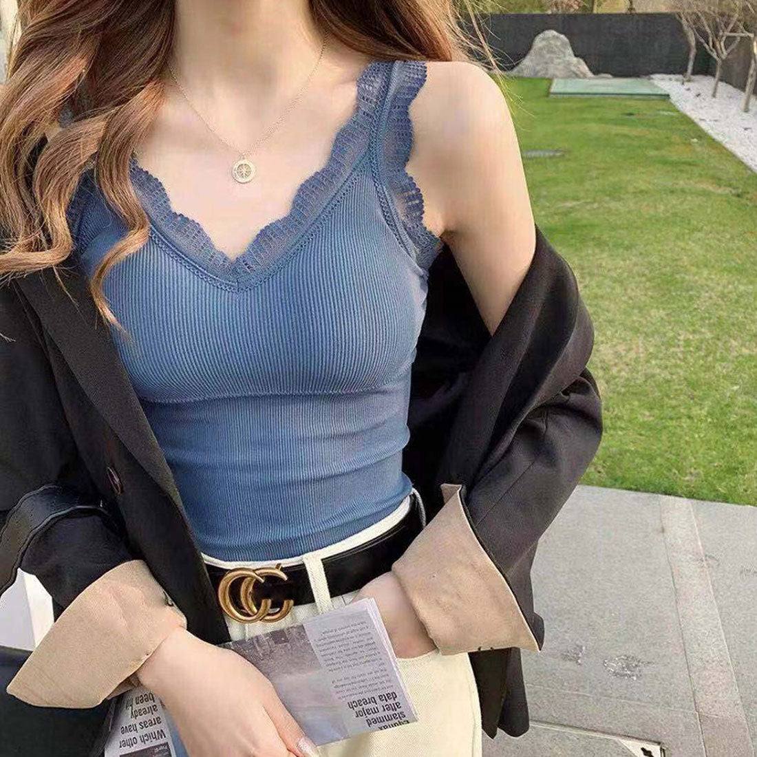 タンクトップス カップ付き リブインナー,ブルー