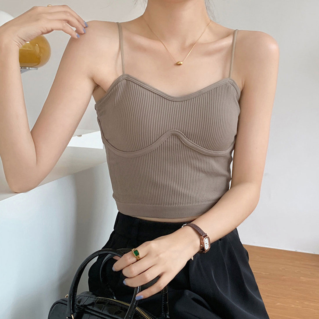 リブキャミソール レディース カップ付き,モカベージュ