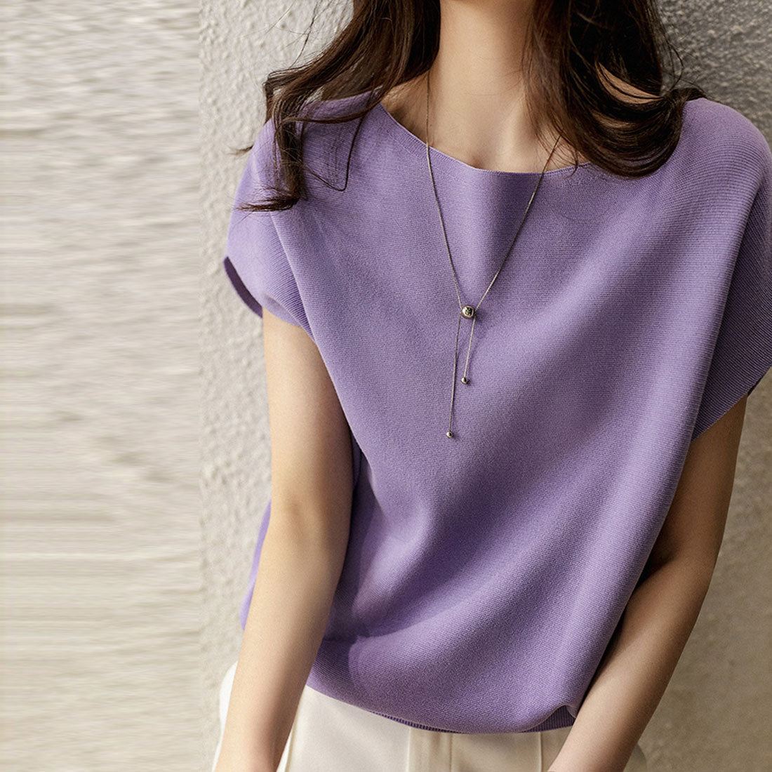 韓国新作 フレンチスリーブ サマーニット,ラベンダー