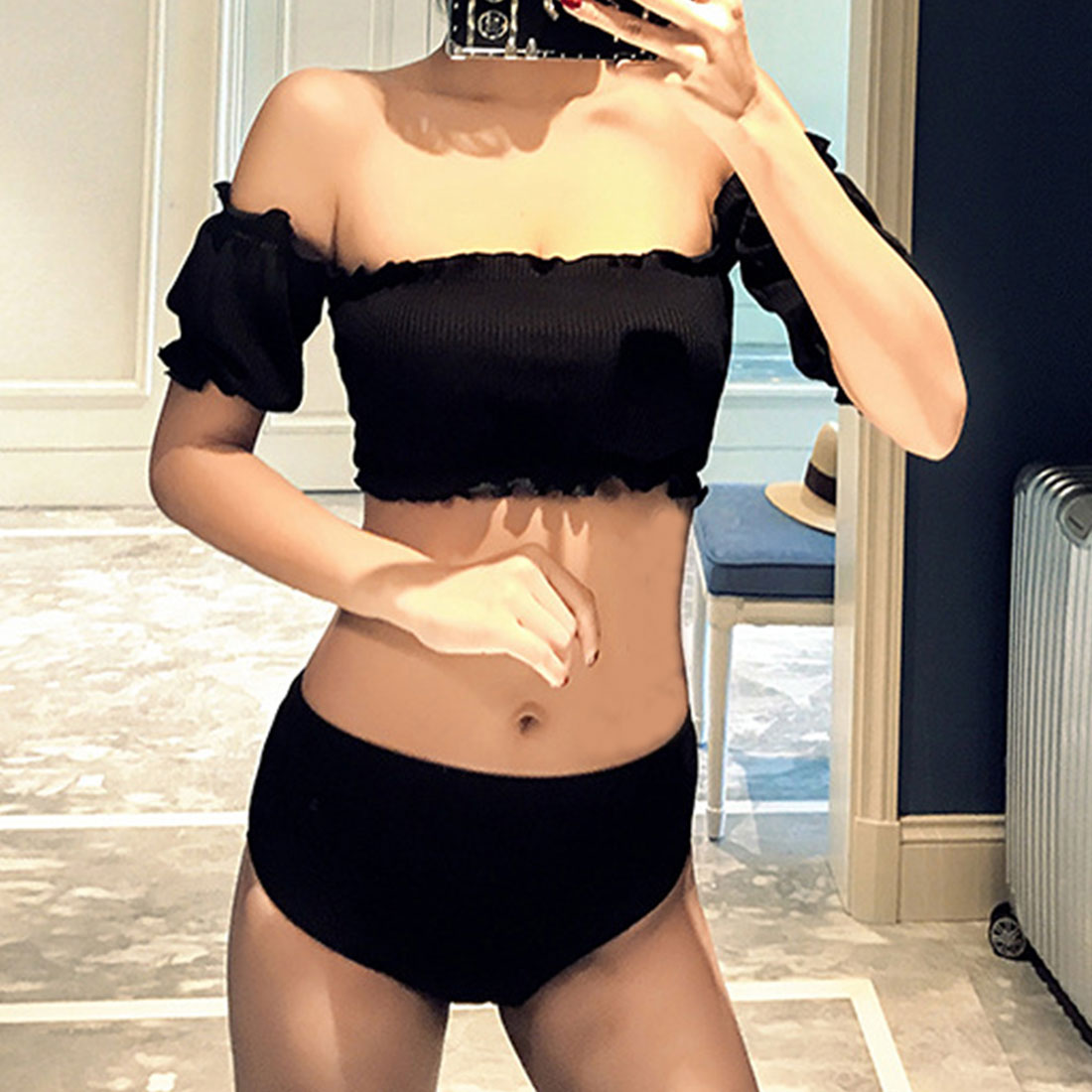 オフショルダー 水着セット レディース夏【返品不可商品】,ブラック