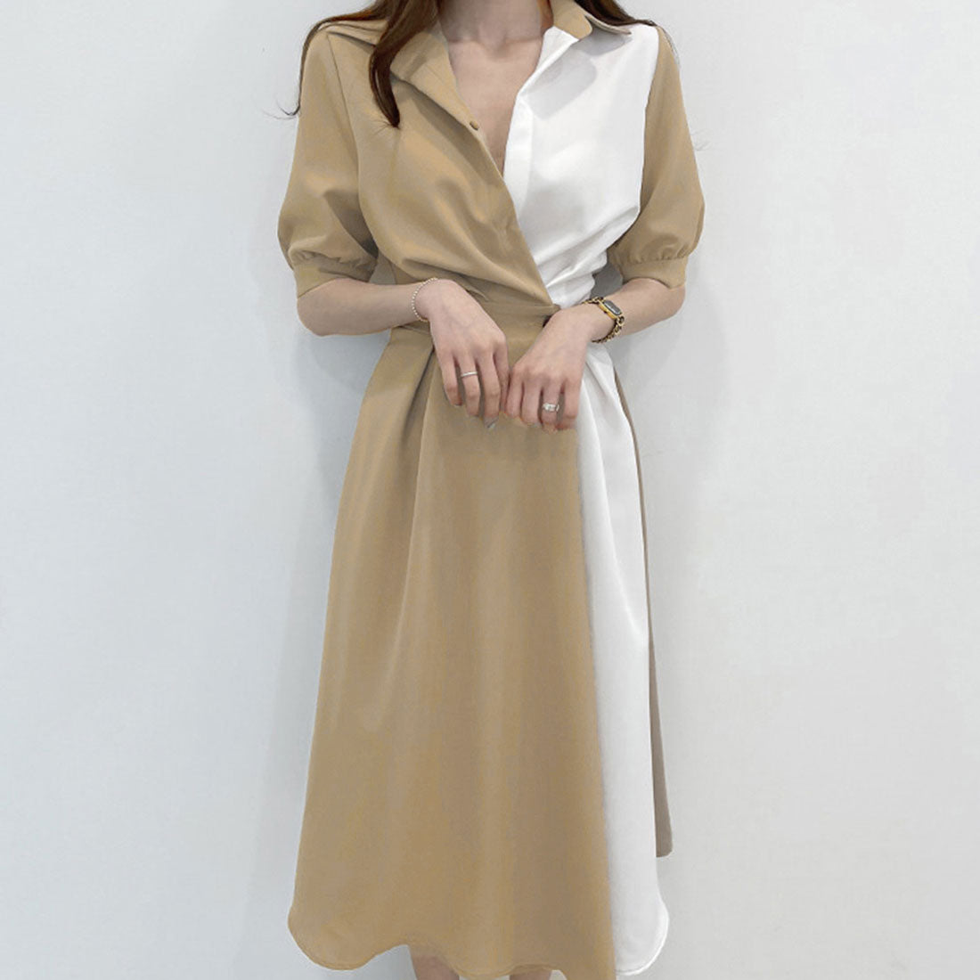 シャツワンピース ロング レディース韓国,ダークベージュ