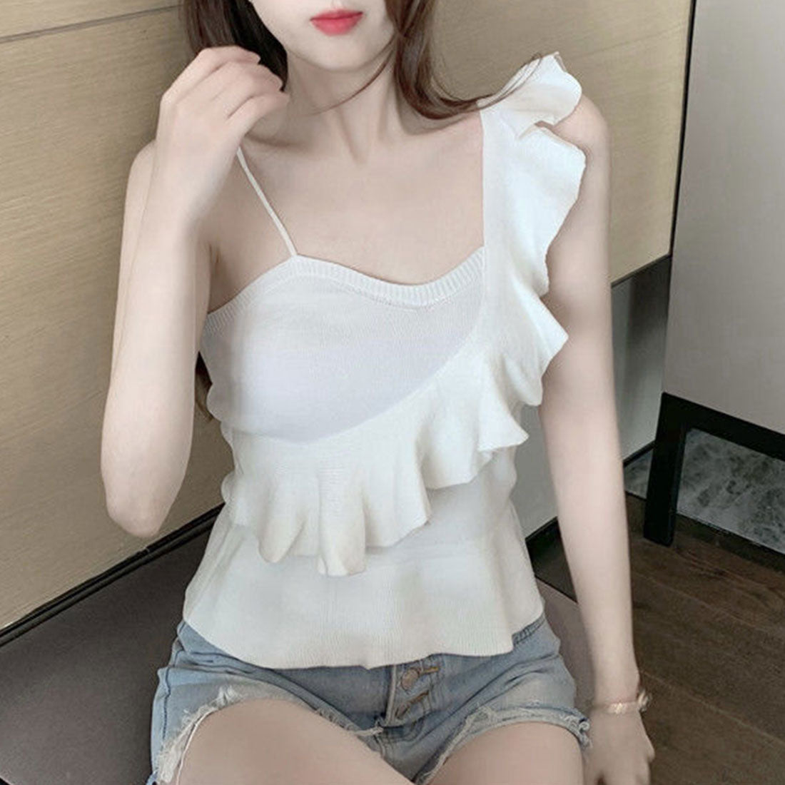 Ribbed Camisole Ruffle Tank Top