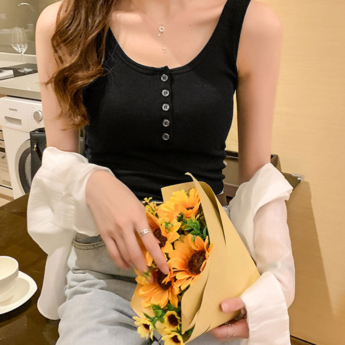 ニットタンクトップス フロントボタン