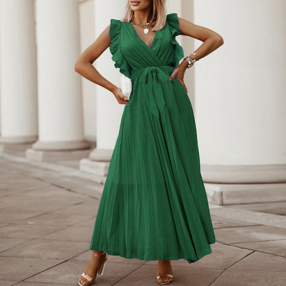 プリーツワンピース 韓国風 レディース夏,グリーン