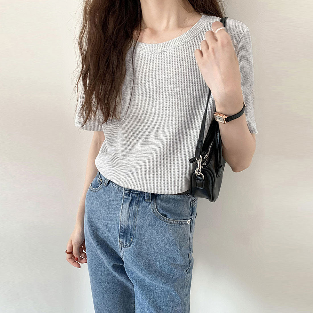 tシャツ レディース半袖ワッフルTシャツ ブラック