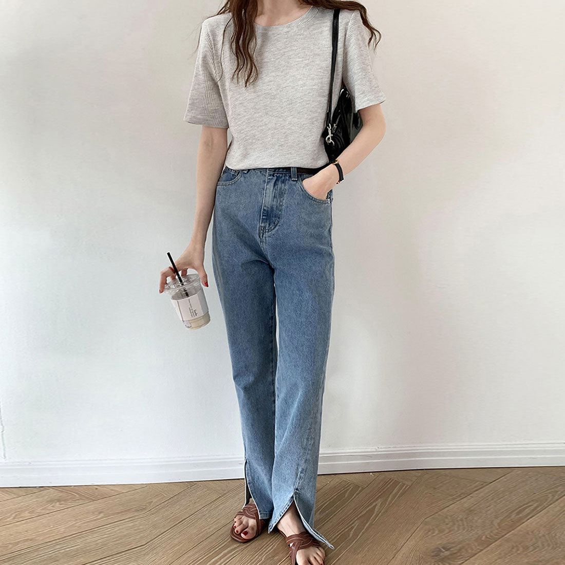 tシャツ レディース半袖ワッフルTシャツ ブラック