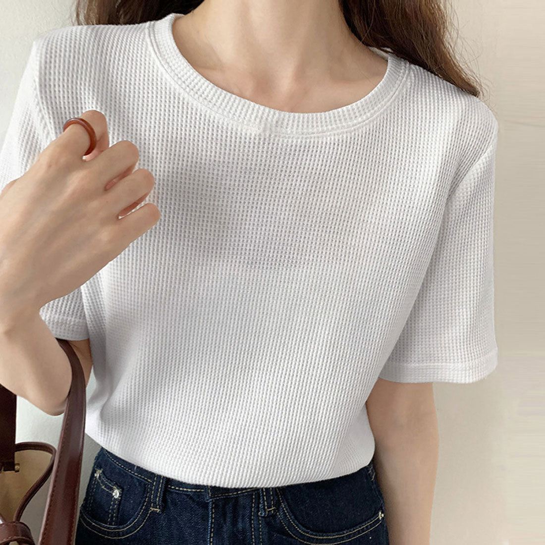 tシャツ レディース半袖ワッフルTシャツ ブラック