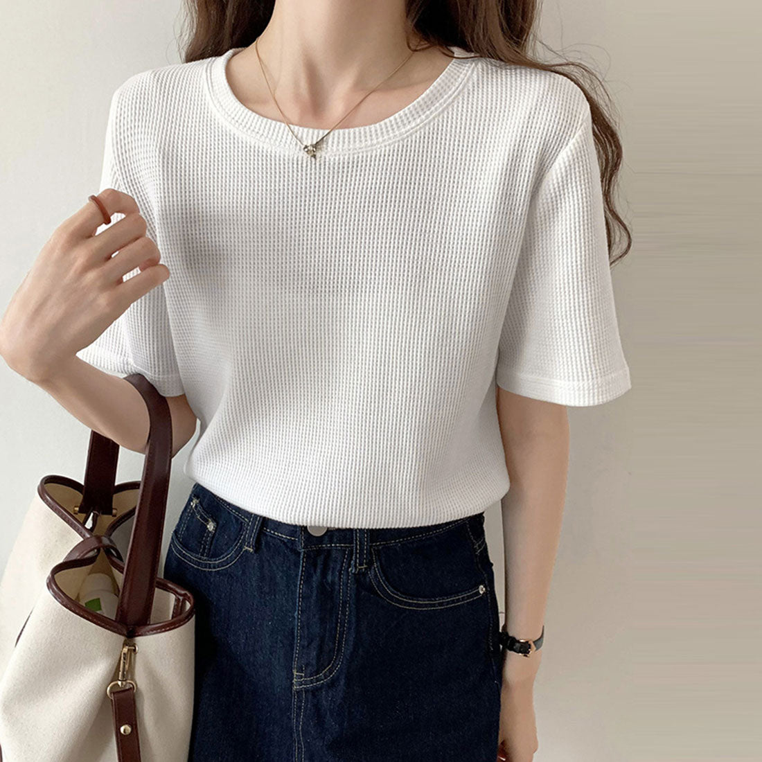 tシャツ レディース半袖ワッフルTシャツ ホワイト