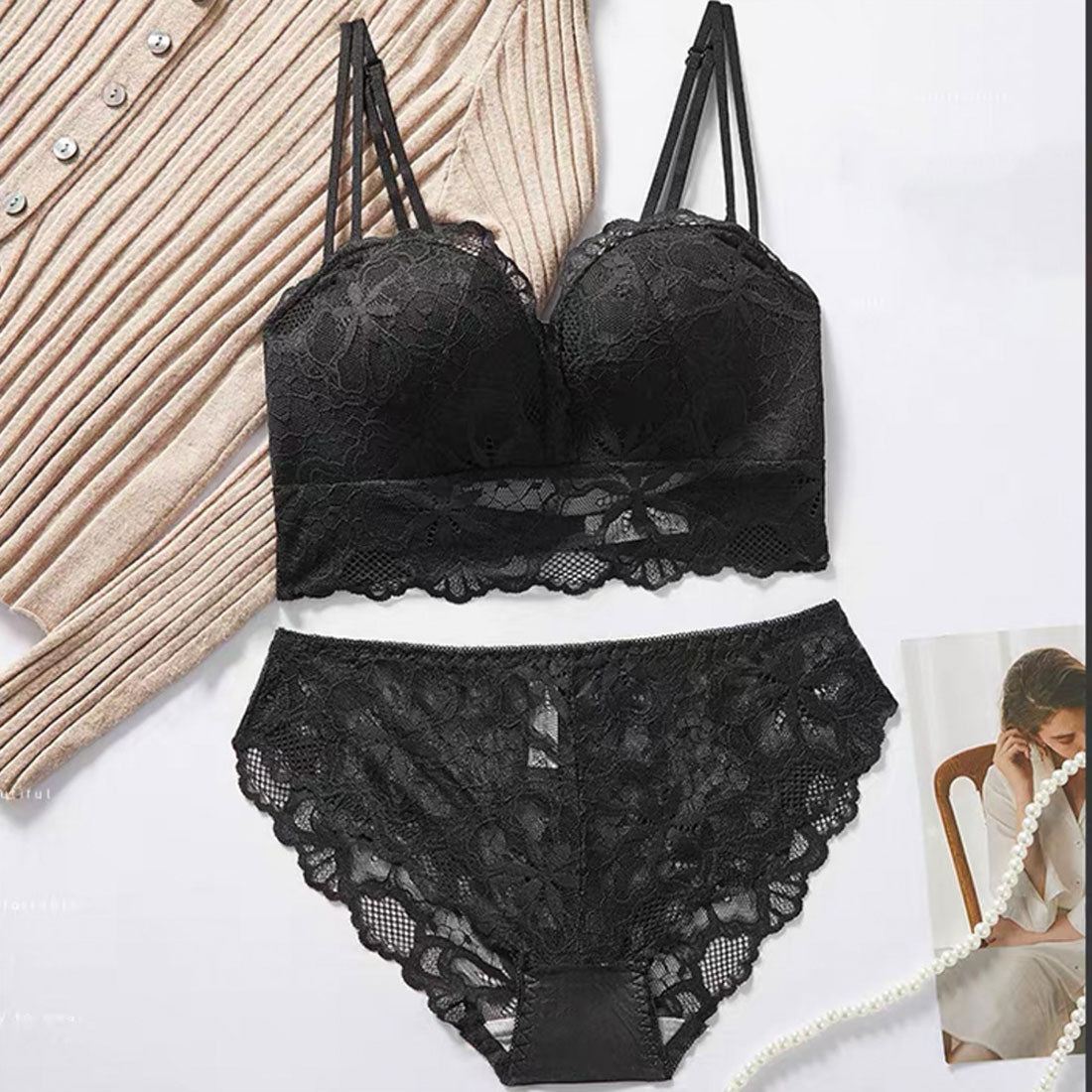 花柄刺しゅうレースランジェリー セクシー,ブラック