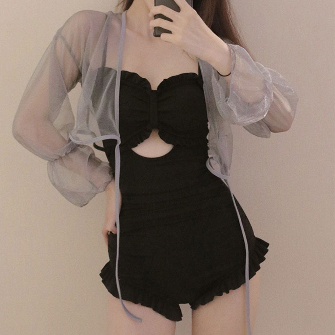 韓国風ワンピース水着体型カバー大人可愛い ブラック