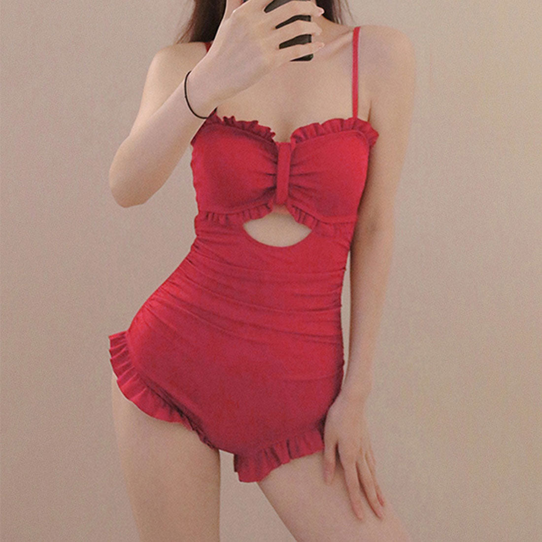 韓国風ワンピース水着体型カバー大人可愛い レッド