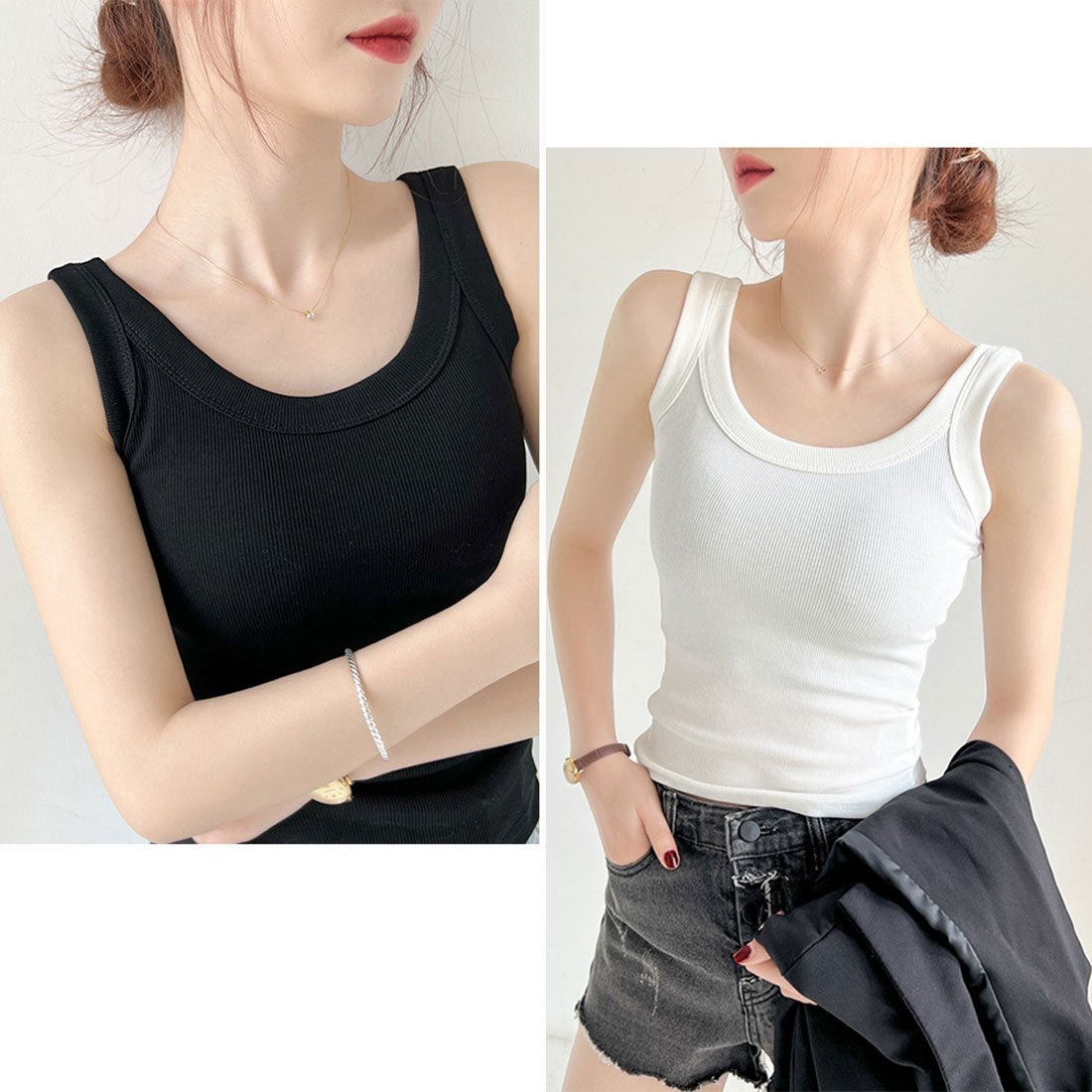 リブ タンクトップ レディース 無地 ベージュ