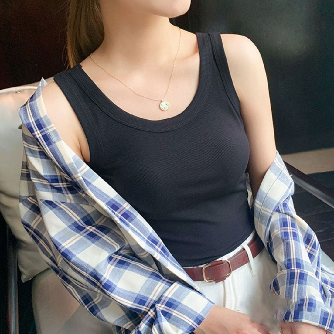 リブ タンクトップ レディース 無地 ブラック