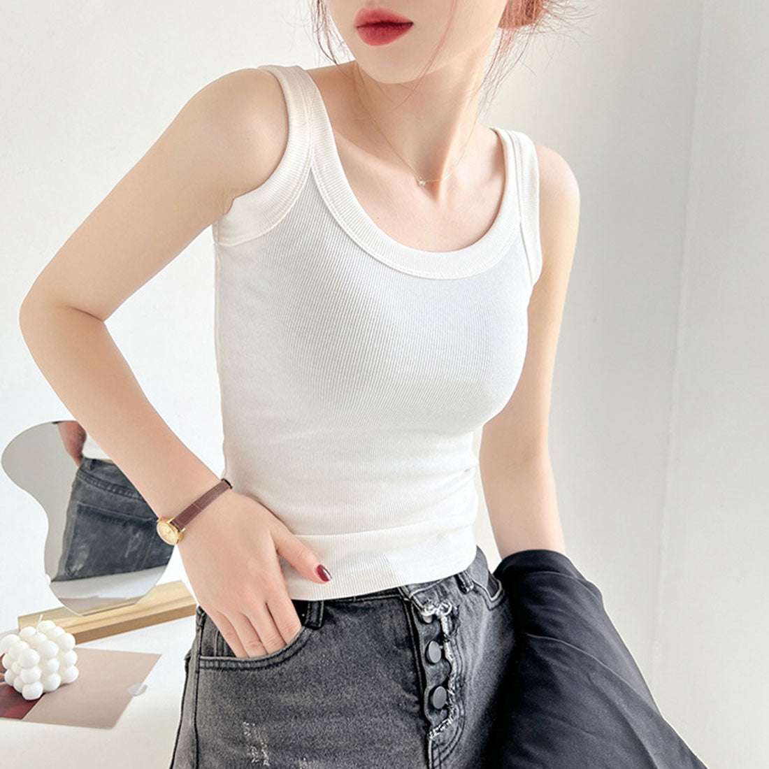 リブ タンクトップ レディース 無地 ホワイト