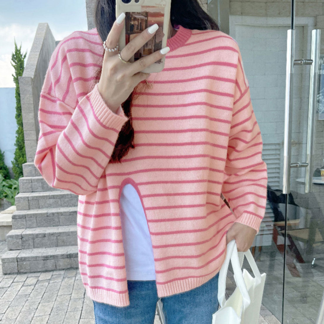 ニットトップス フロントスリット 秋冬 グリーン