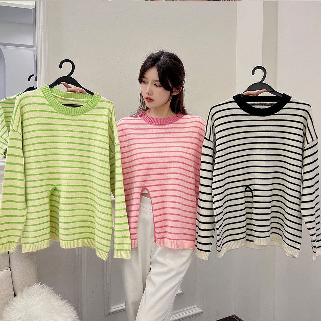 ニットトップス フロントスリット 秋冬 グリーン