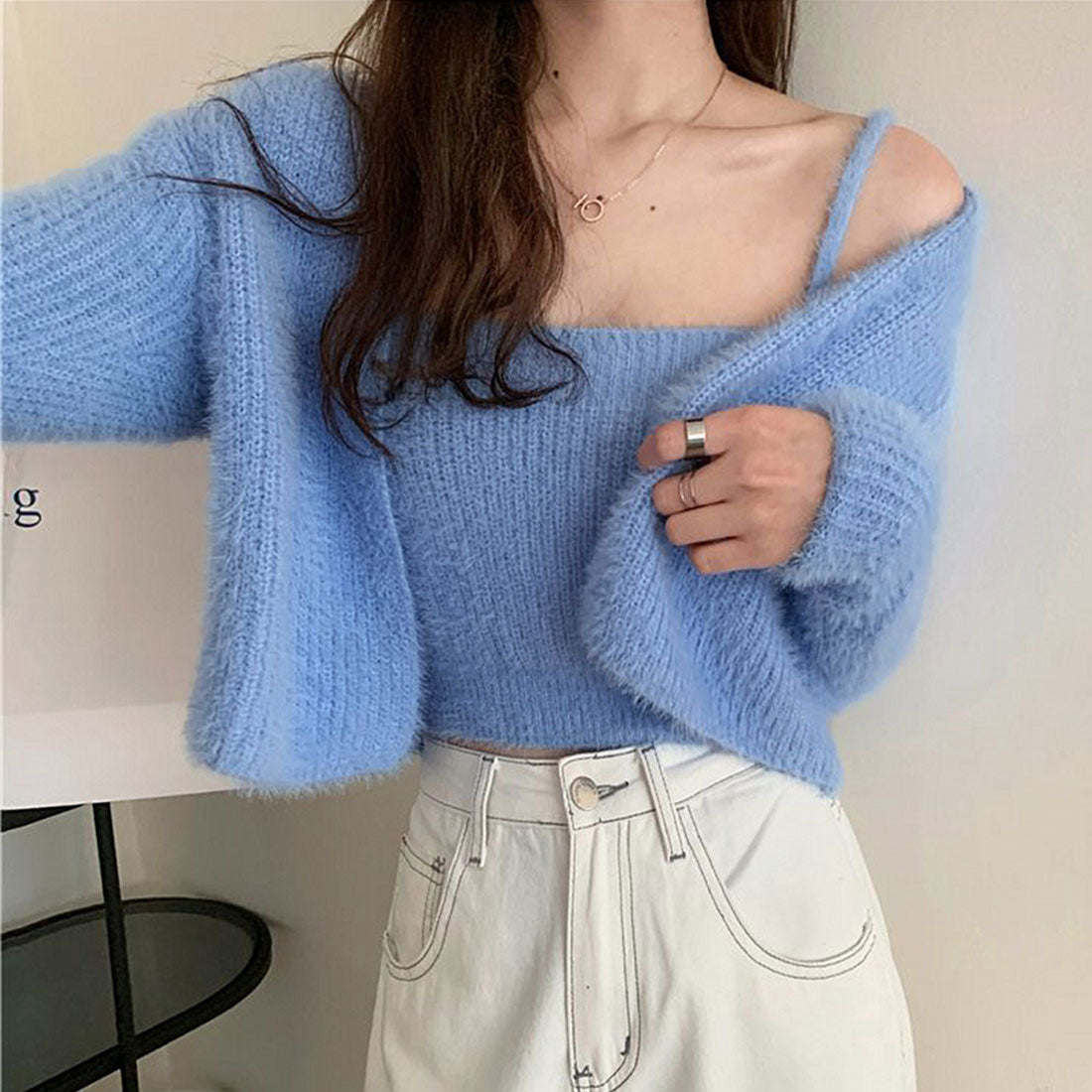 ニットカーディガン キャミ セット 5色,ブルー