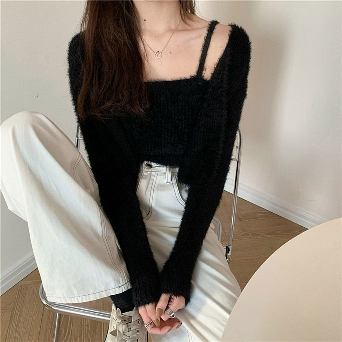 ニットカーディガン キャミ セット 5色,ブラック