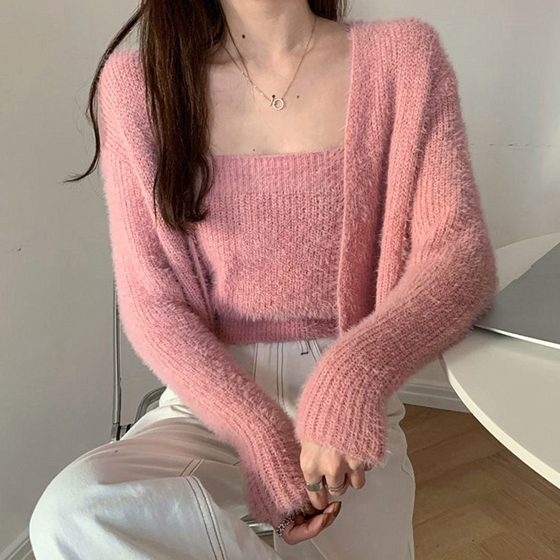 ニットカーディガン キャミ セット 5色,ピンク