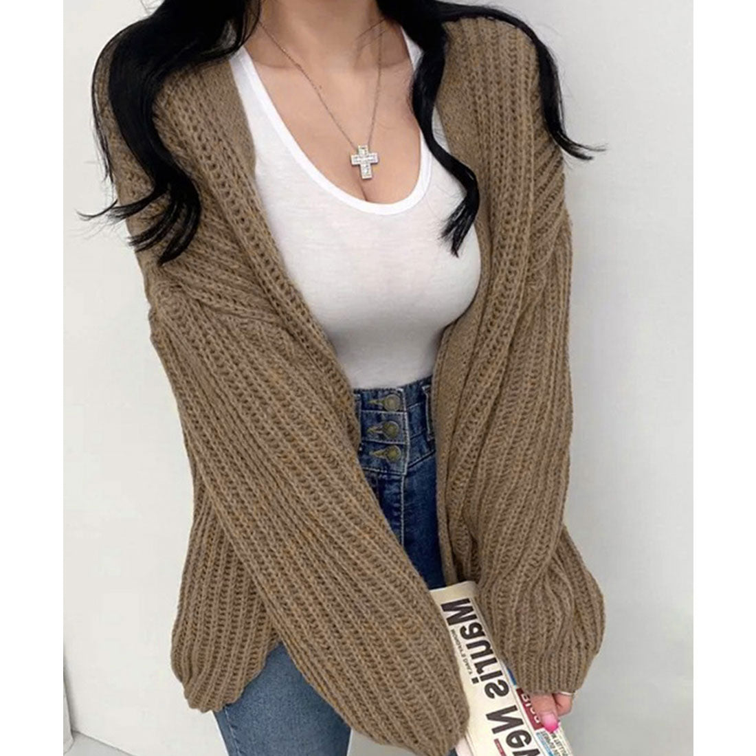 ニットカーディガン レディース ボレロ風 モカ