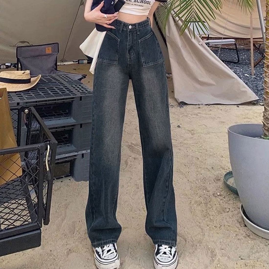 レトロ デニムワイドパンツ ハイウエスト ブルーグレー