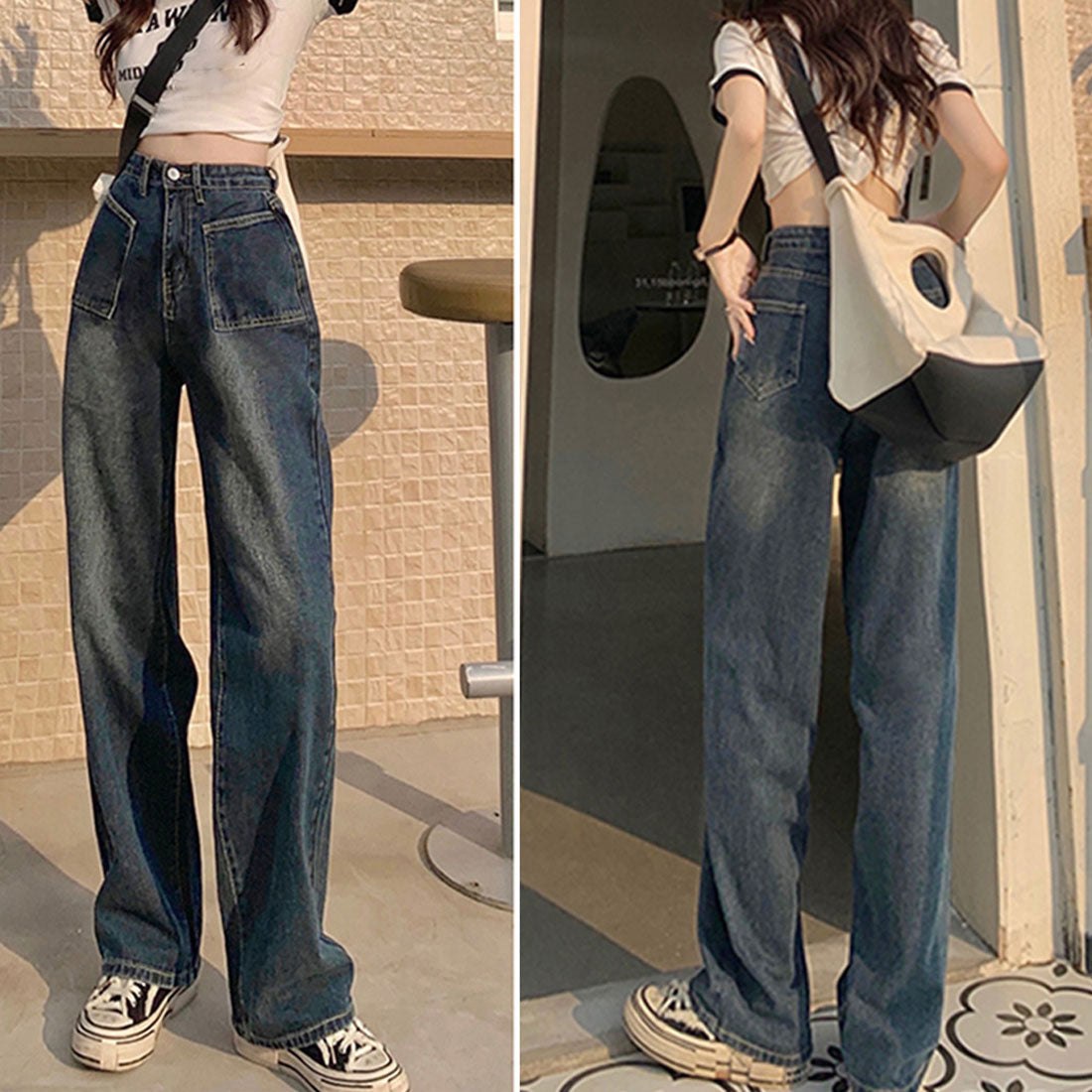 レトロ デニムワイドパンツ ハイウエスト ブルーグレー