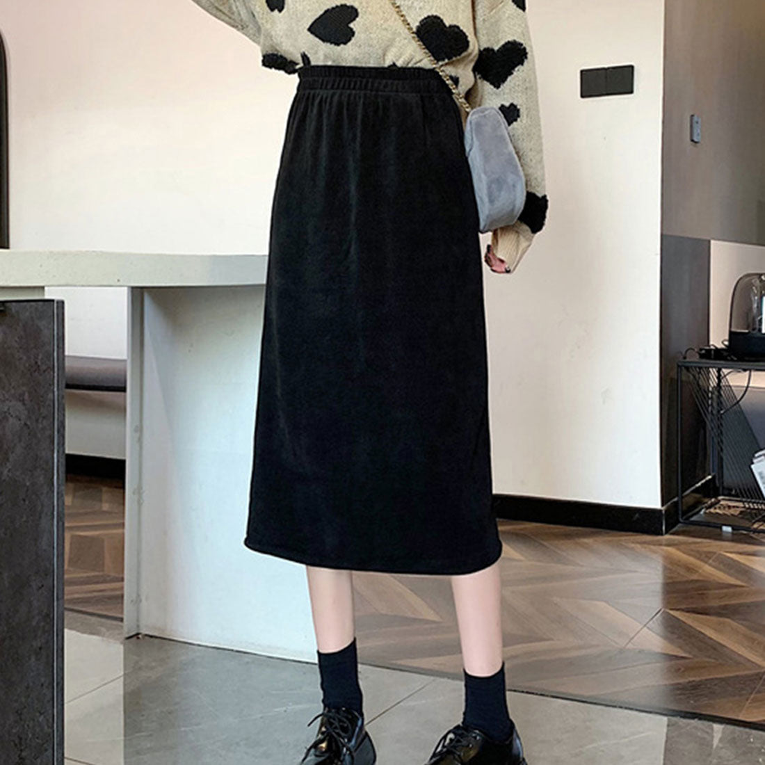 コーデュロイスカート バックスリット秋冬,ブラック