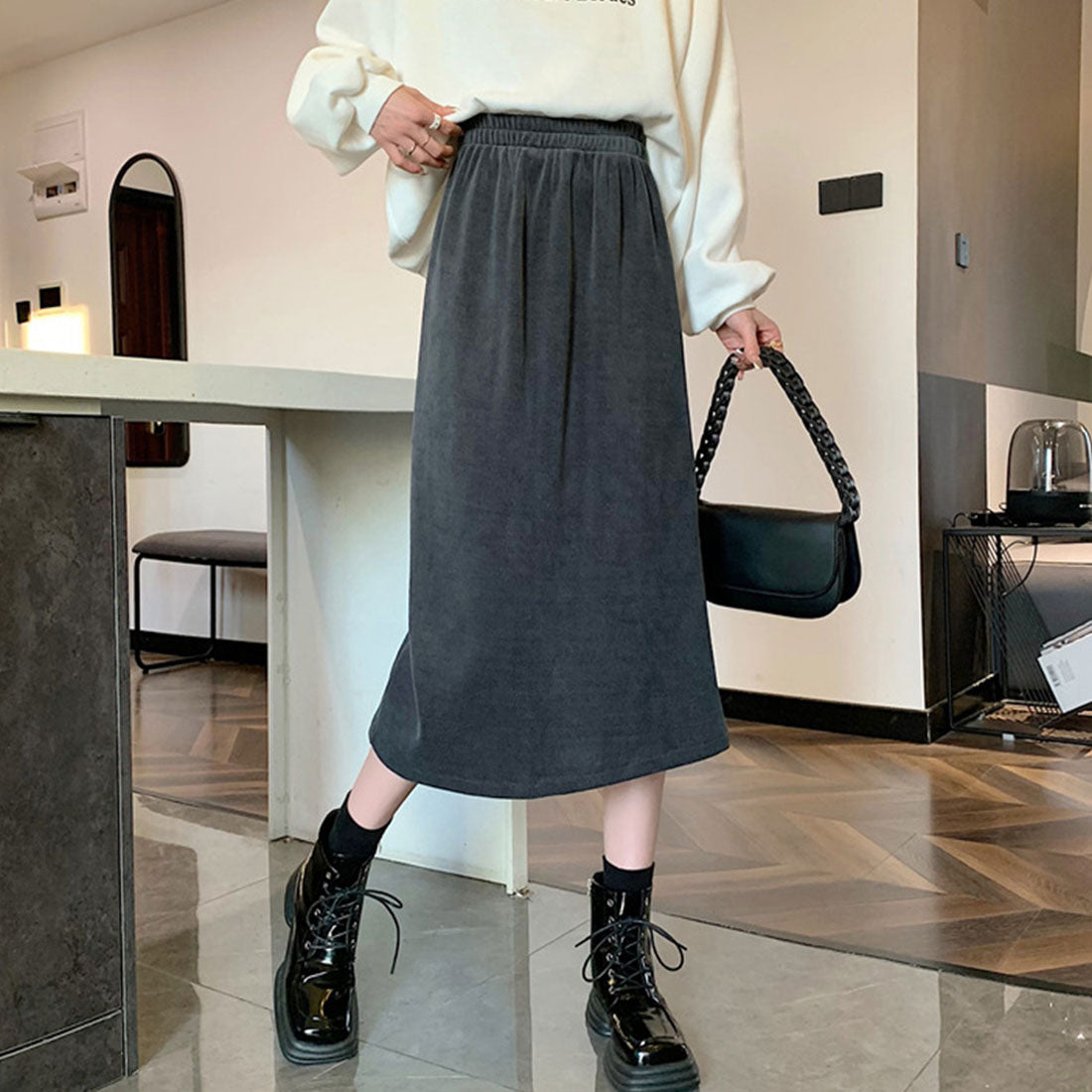 コーデュロイスカート バックスリット秋冬,ダークグレー