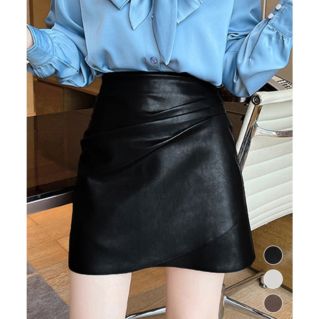 PUレザー ミニスカート美脚ハイウエスト アイボリー
