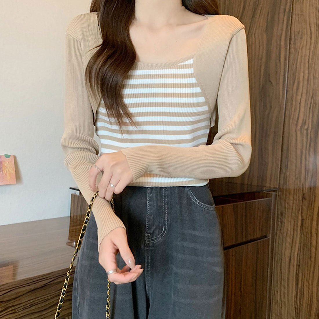 レイヤード風スクエアネックニットトップス,ベージュ