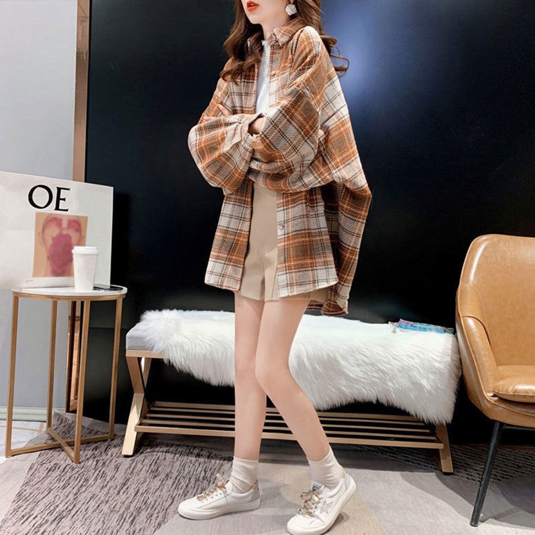 チェック柄シャツ 起毛シャツブラウス韓国 オレンジキャメル