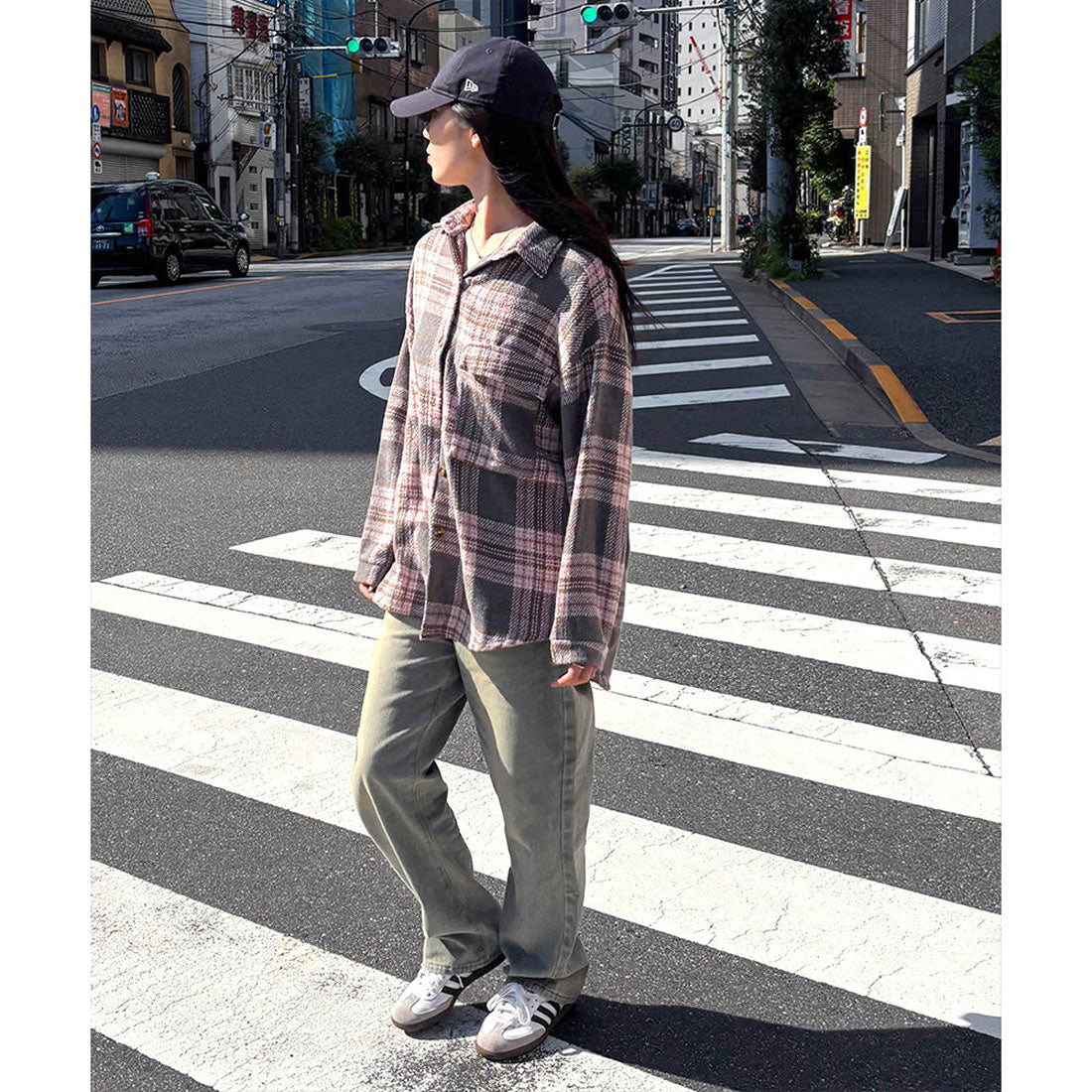 チェック柄シャツ 起毛シャツブラウス韓国 オレンジキャメル