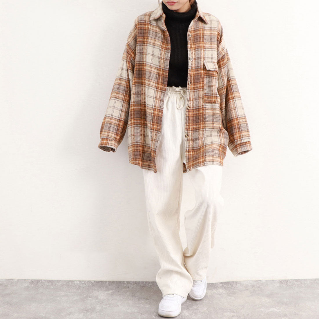 チェック柄シャツ 起毛シャツブラウス韓国 オレンジキャメル