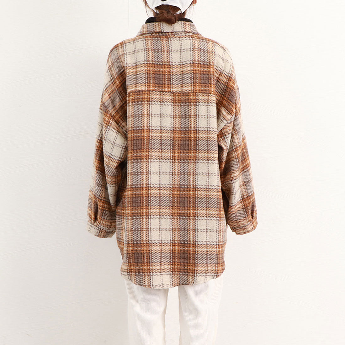 チェック柄シャツ 起毛シャツブラウス韓国 オレンジキャメル