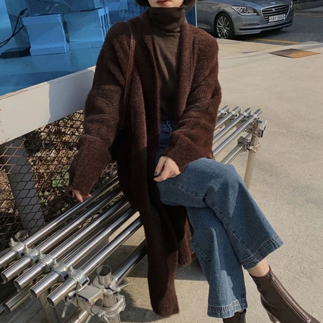 Shaggy long knit cardigan Korean style
