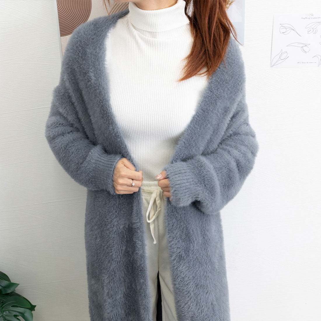 Shaggy long knit cardigan Korean style