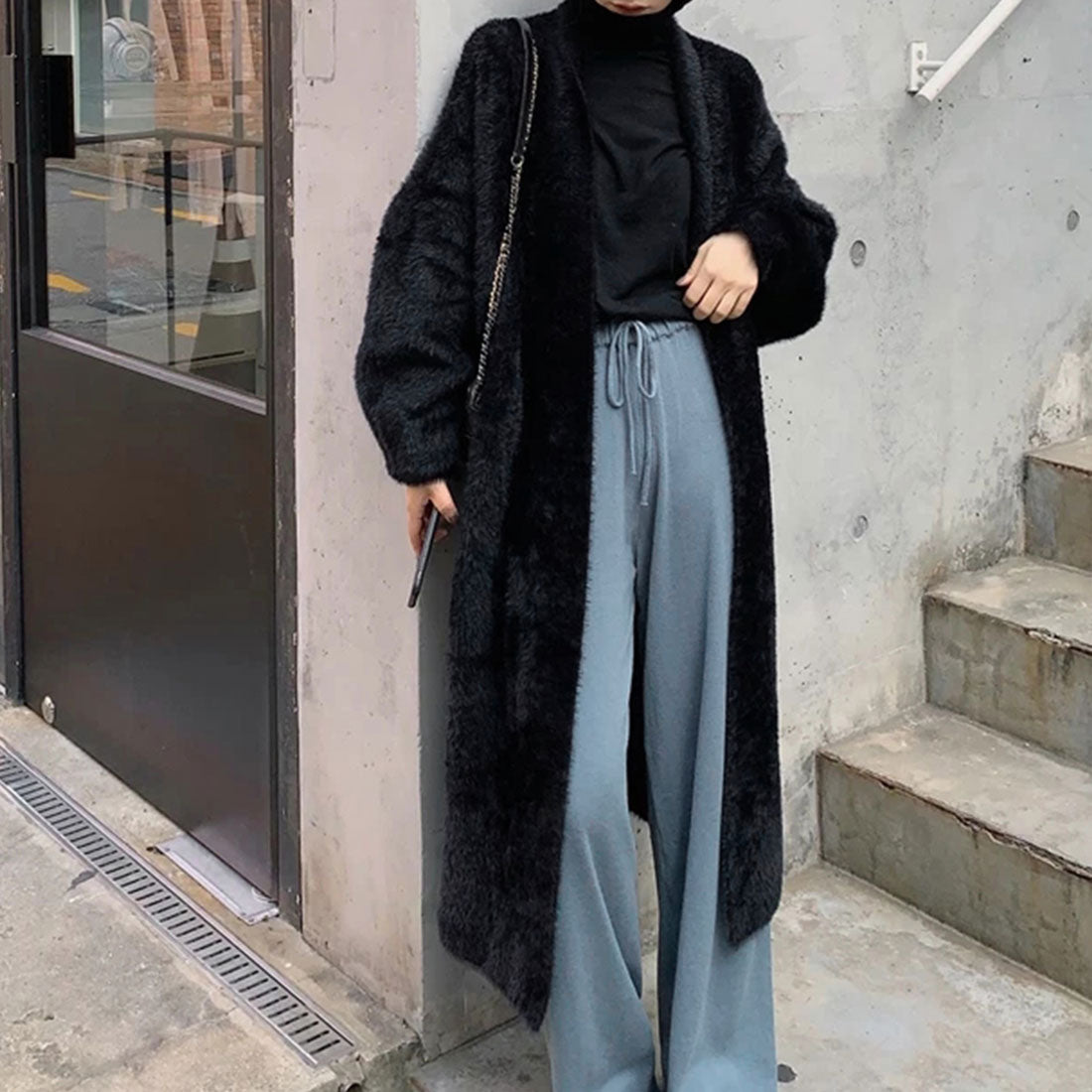 Shaggy long knit cardigan Korean style