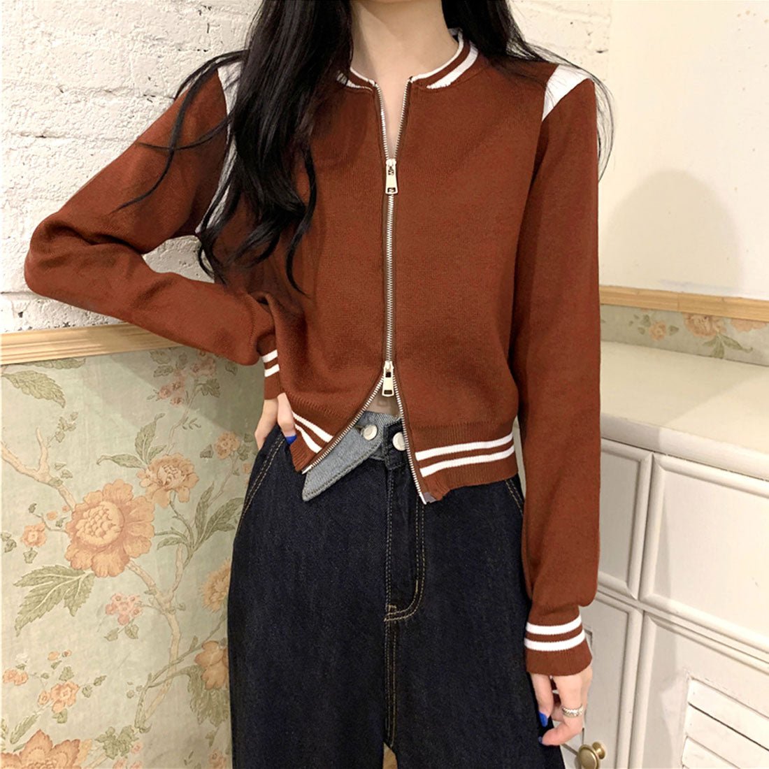 ニットジャケット クロップド丈 セーター キャメルブラウン