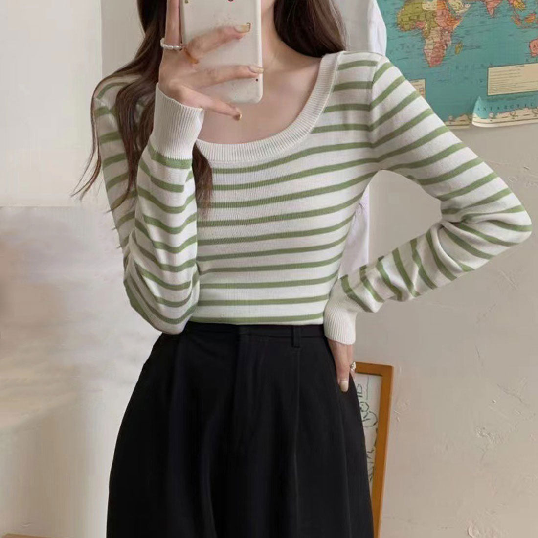Striped knit top with square neck