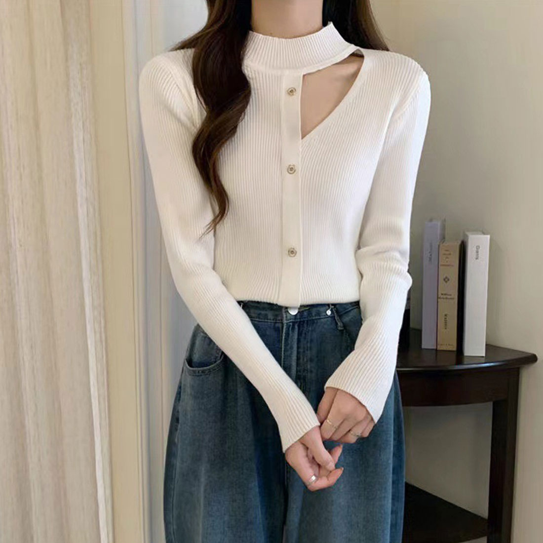 リブニットトップス レディース 韓国風,ホワイト