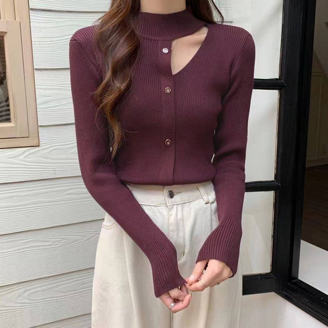 リブニットトップス レディース 韓国風,ボルドー