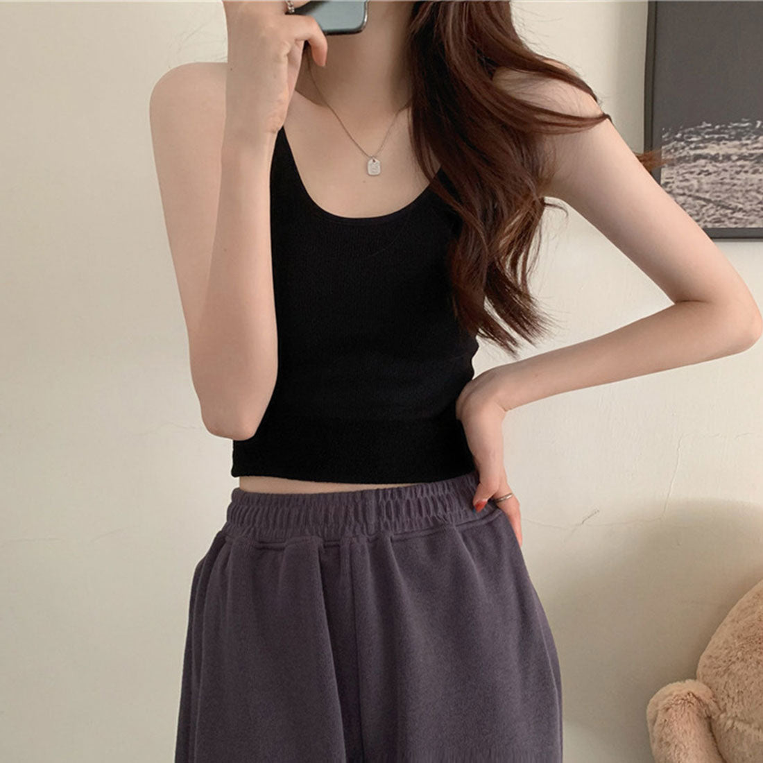 裏微起毛 リブタンクトップ レディース冬,ブラック