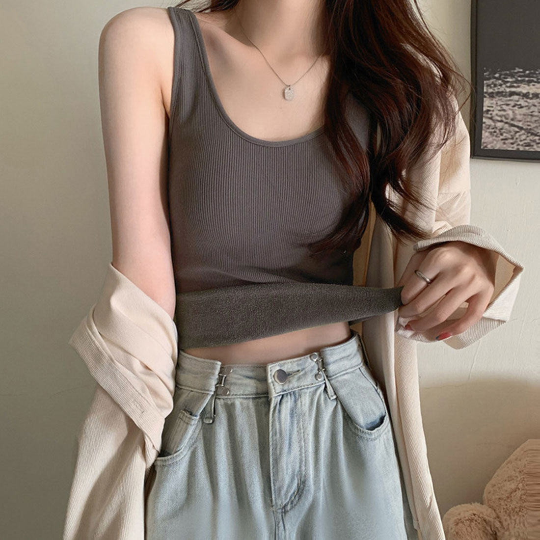 裏微起毛 リブタンクトップ レディース冬,くすみモカ