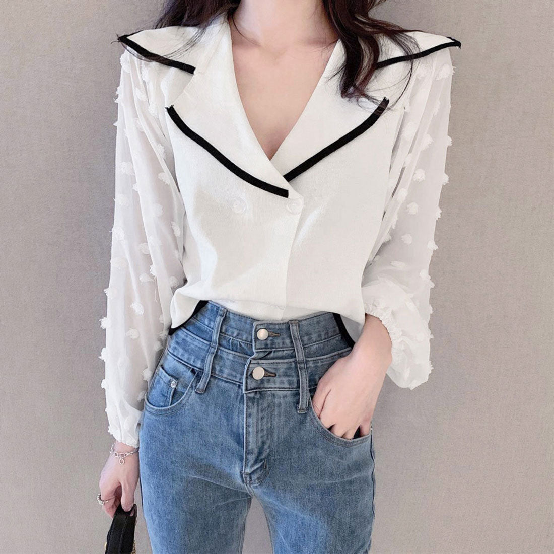 ブラウス レディース長袖ニットドッキング,ホワイト