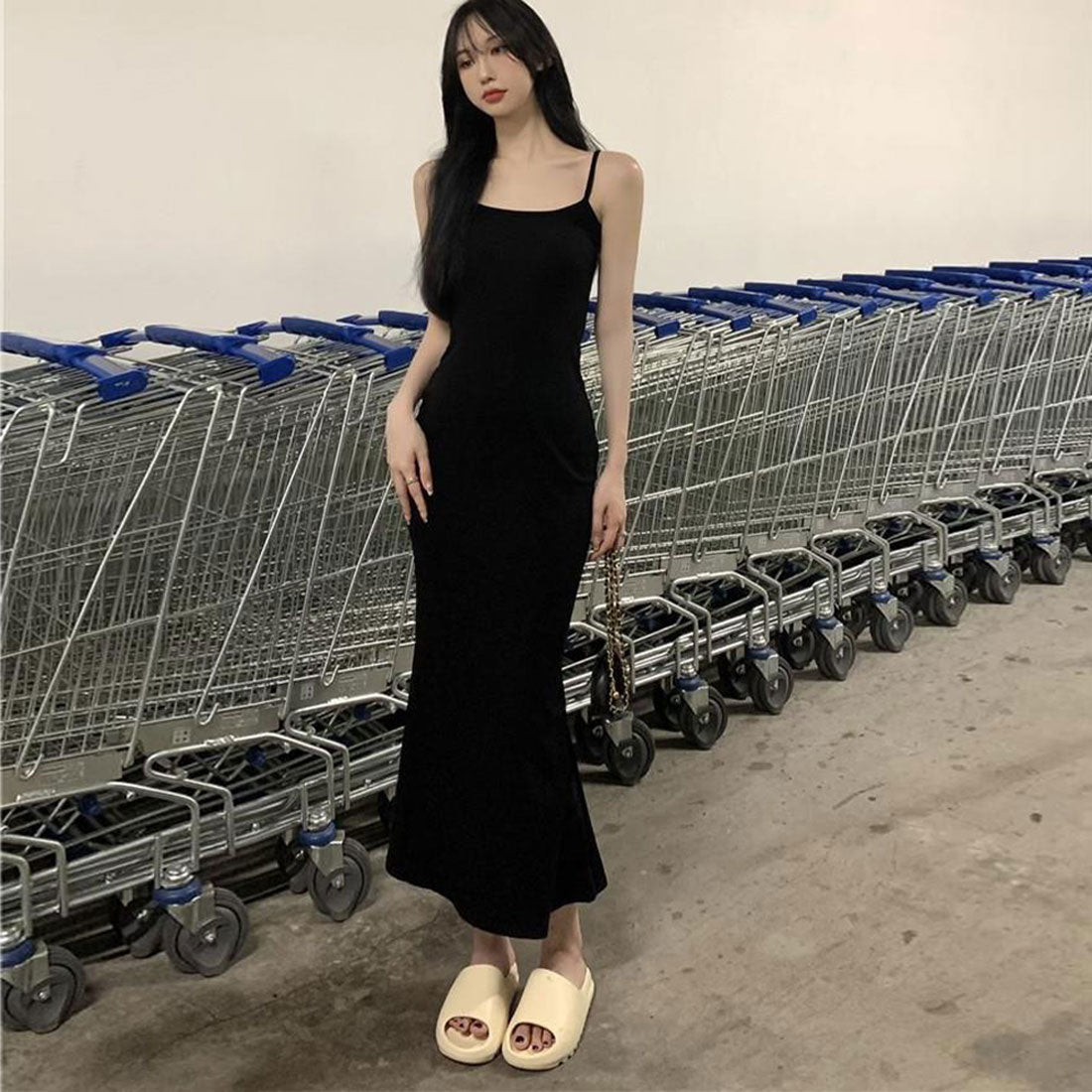 キャミワンピースロング丈ボディコンワンピ,ブラック