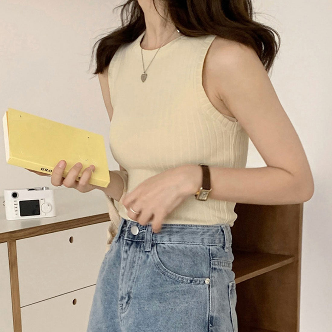 リブニット タンクトップ レディース春夏 ベージュ