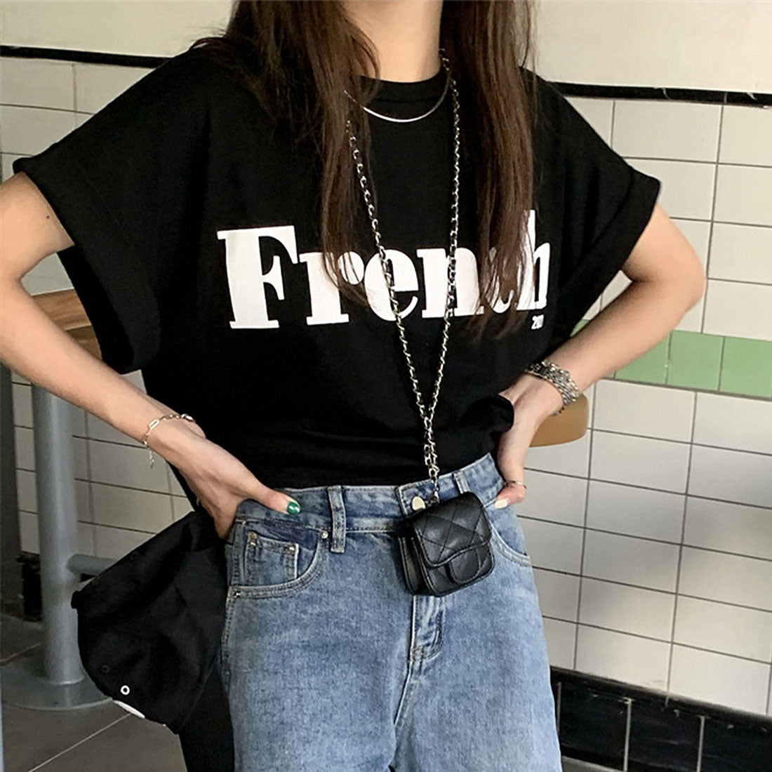 フレンチスリーブ 英字ロゴTシャツ 韓国