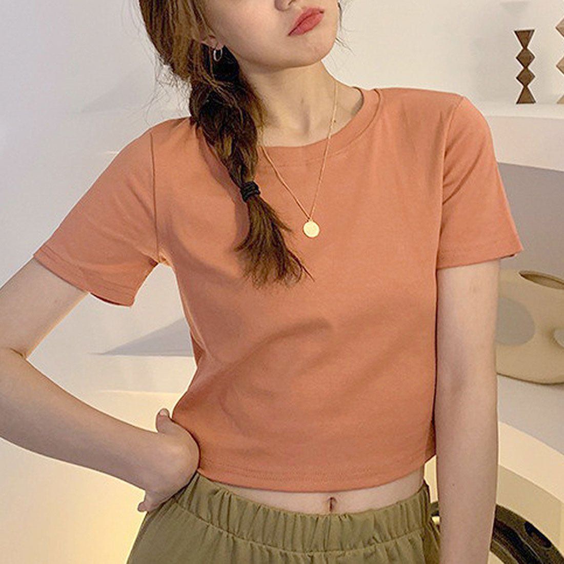 ショート丈tシャツ へそ出し 8色 夏,オレンジ