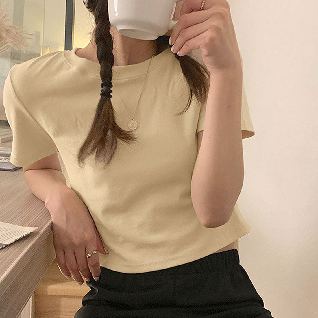 ショート丈tシャツ へそ出し 8色 夏,クリームイエロー